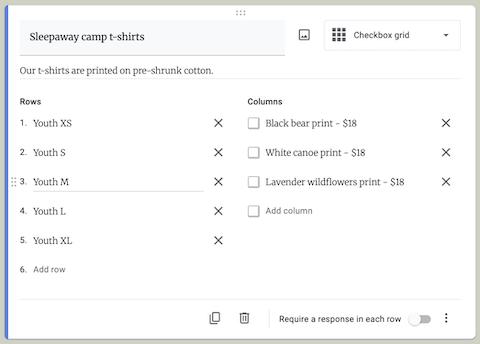 Example of using a checkbox grid question for t-shirt sales on Google Forms.